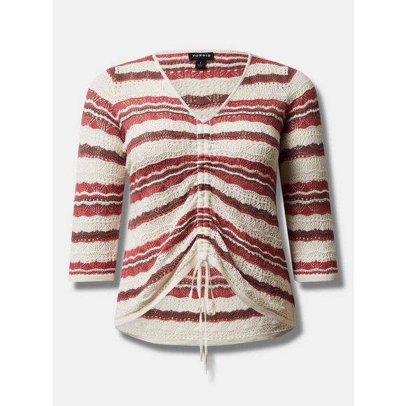 Torrid Open Stitch Pullover V Neck Cinched Front Sweater Pink Stripe 4X - Picture 4 of 10